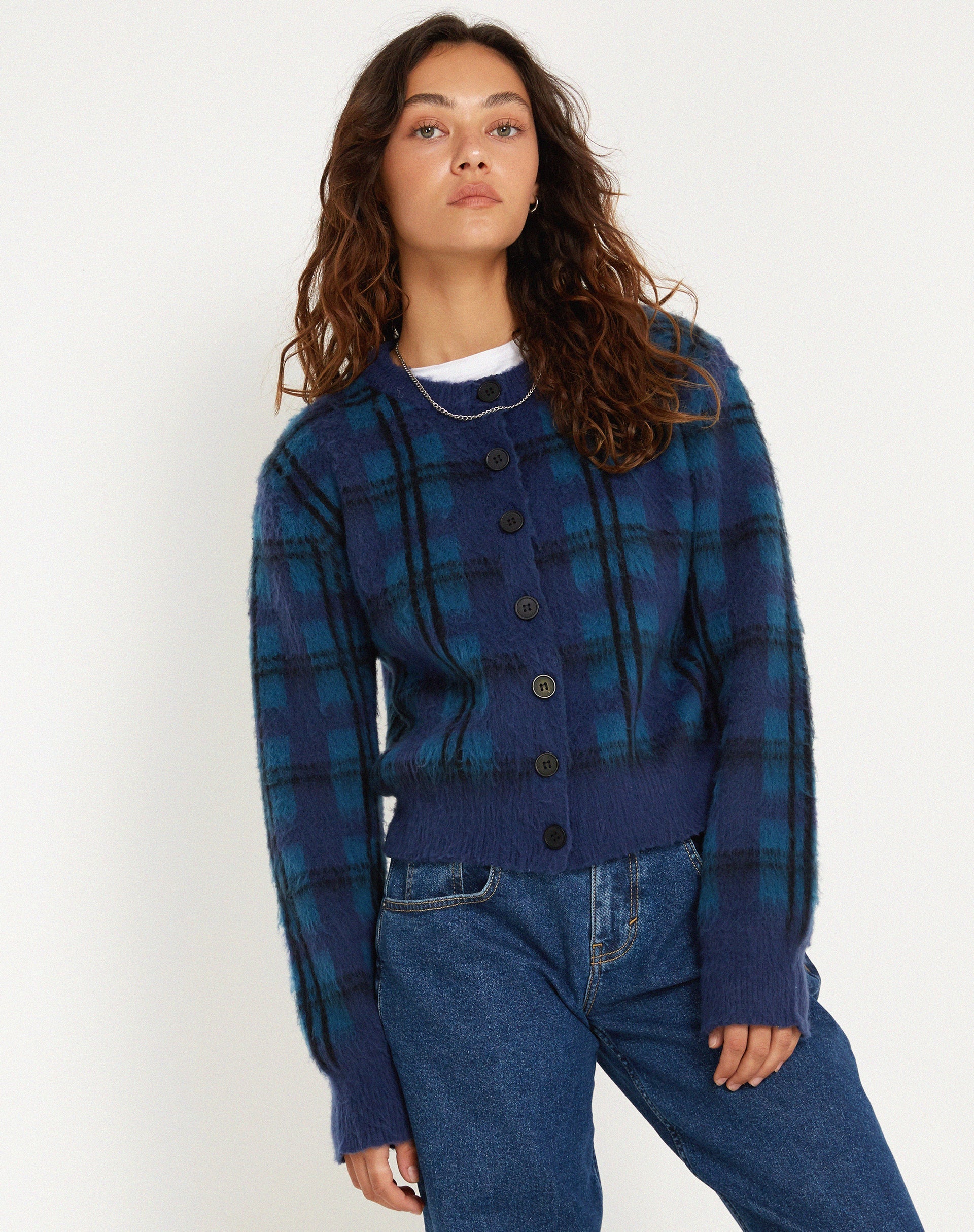 imagen de Anzio Button Up Cardi en cuadros azul marino