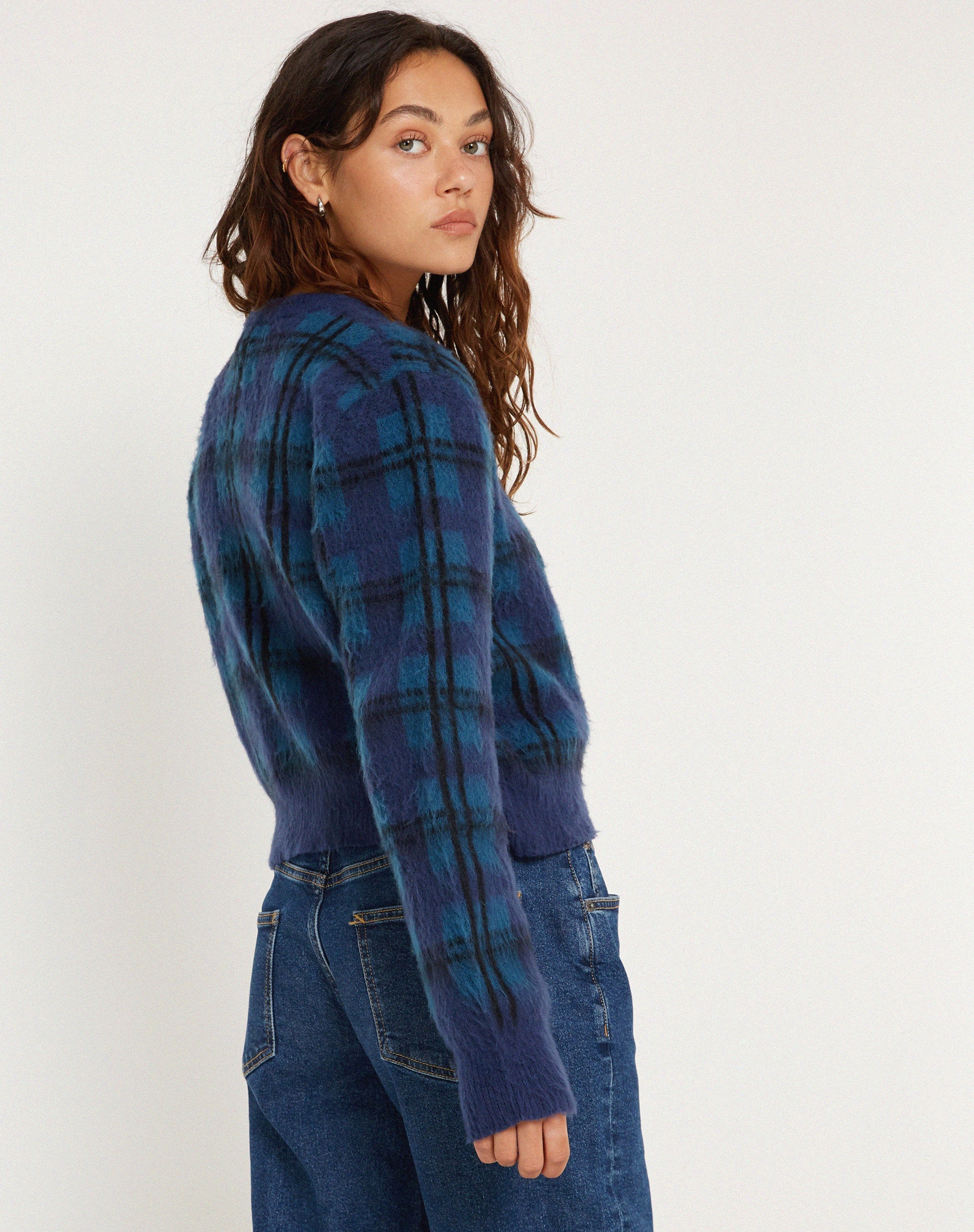 imagen de Anzio Button Up Cardi en cuadros azul marino