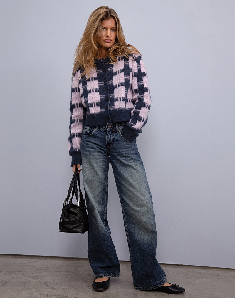 Anzio Button Up Cardigan De Cuadros Azul Marino Y Rosa