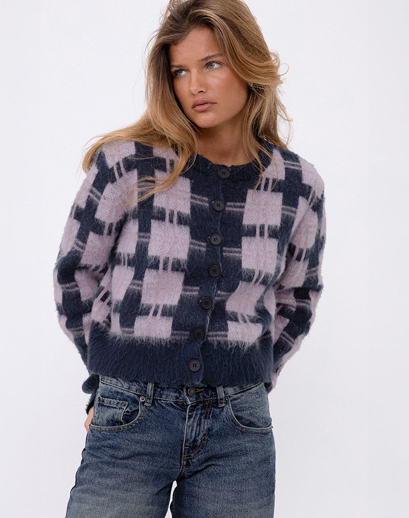 Anzio Button Up Cardigan De Cuadros Azul Marino Y Rosa