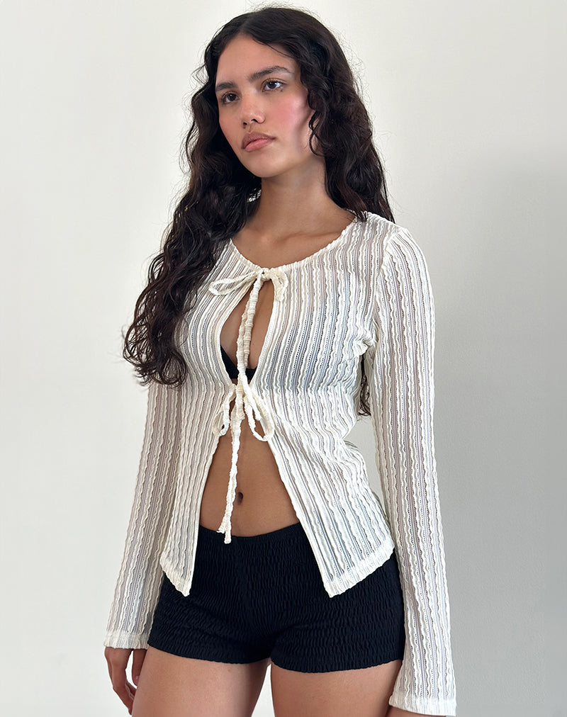 Araceli Tie Front Top en Crinkle Ecru