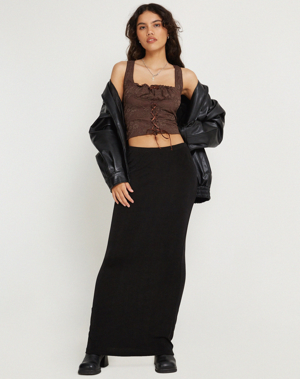 Asahi Crop Top de Encaje Marrón Castaño