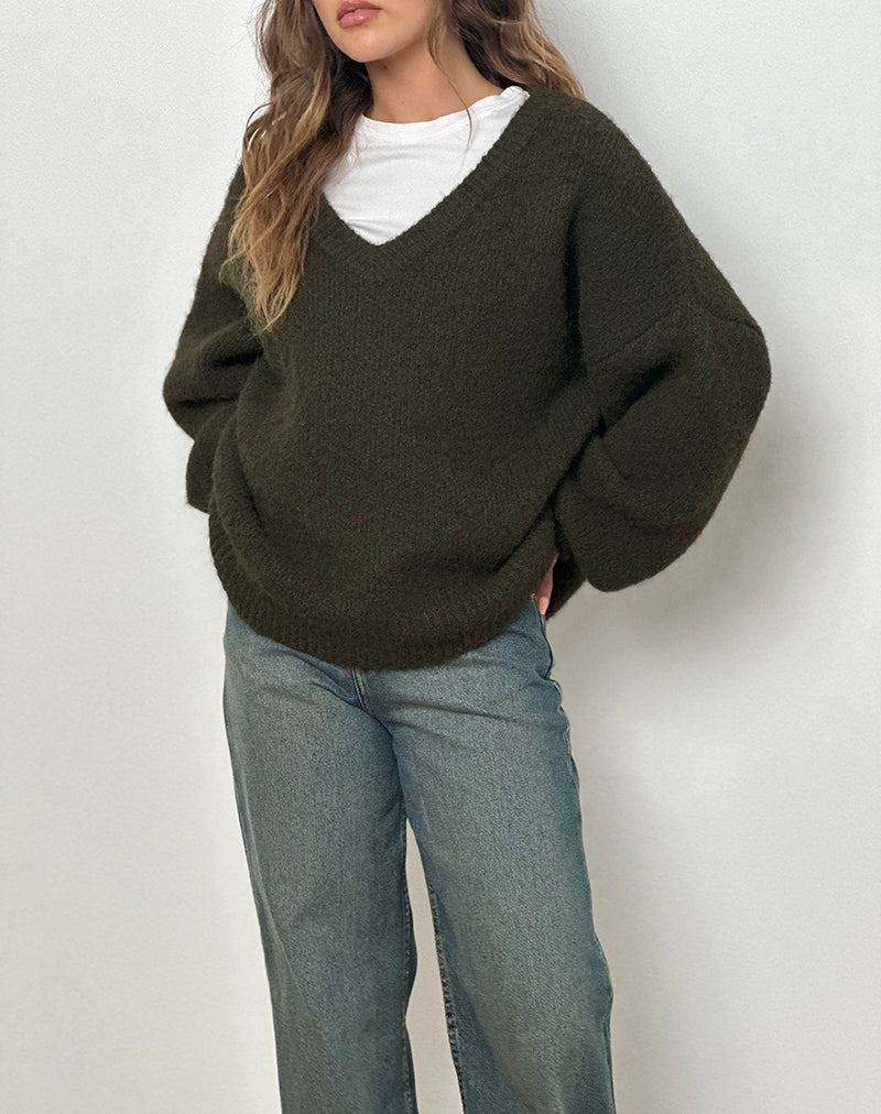 Imagen de Asato Chunky V Neck Jumper in Brushed Khaki