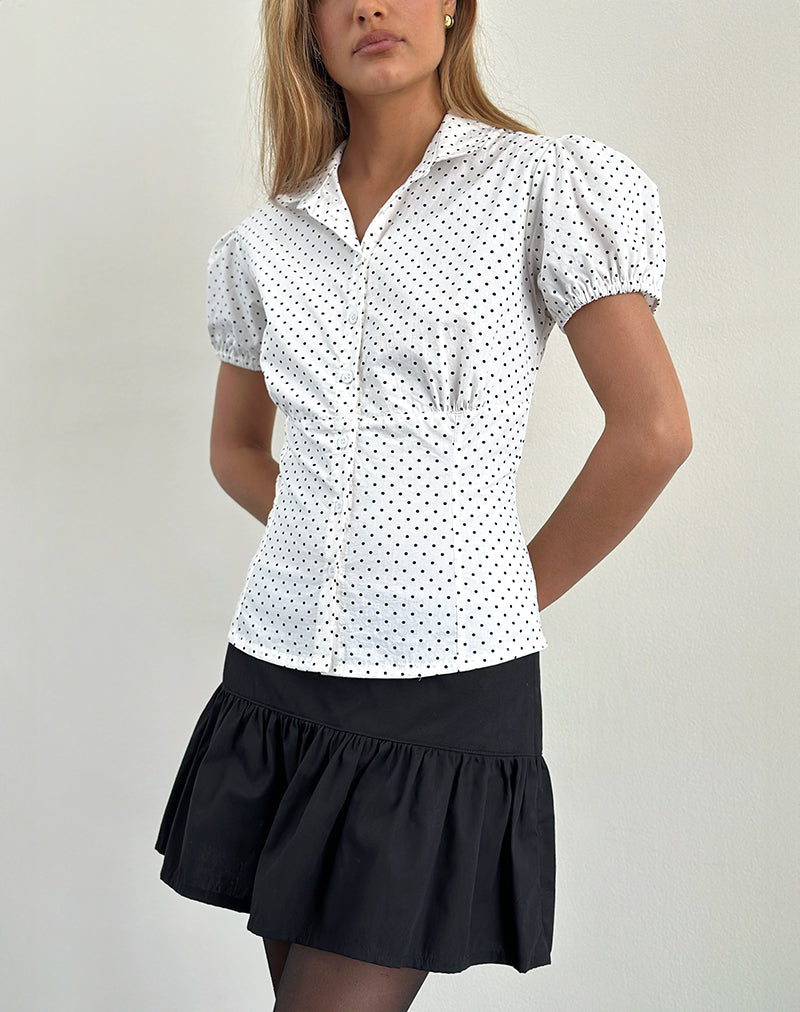 Imagen de Aspen Blusa de manga abullonada en micro lunares blanco y negro