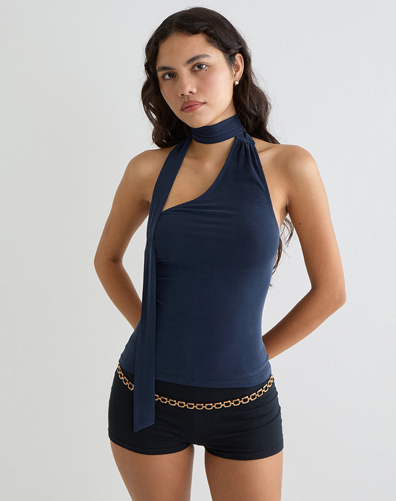 Imagen de Aspyn Top de cuello alto y corbata en Cupro Azul marino