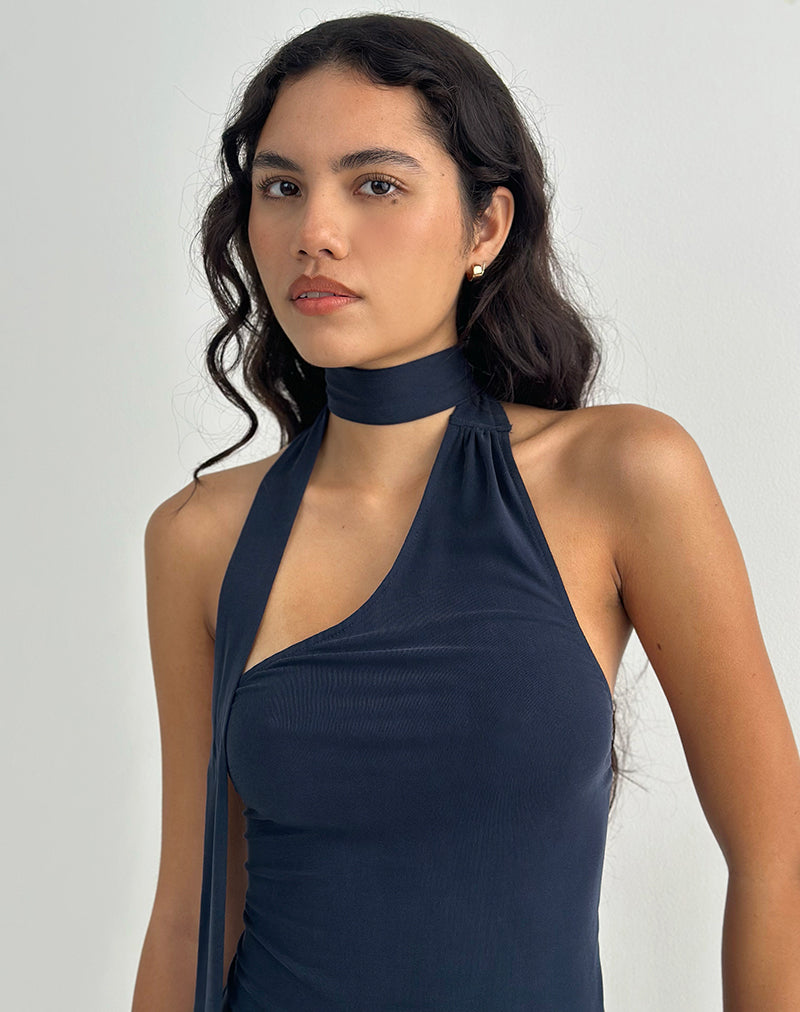 Imagen de Aspyn Top de cuello alto y corbata en Cupro Azul marino
