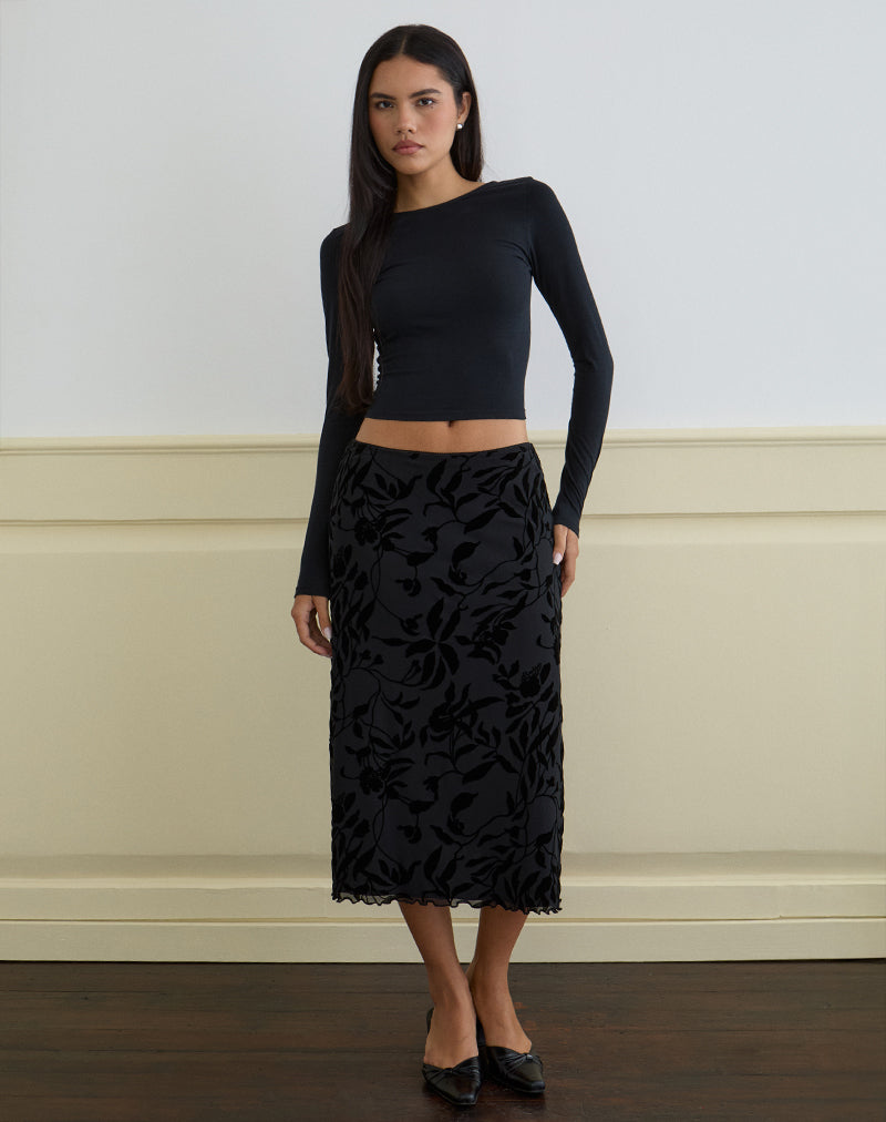 Imagen de Atira Falda Midi en Flock Flor de Hoja Negra