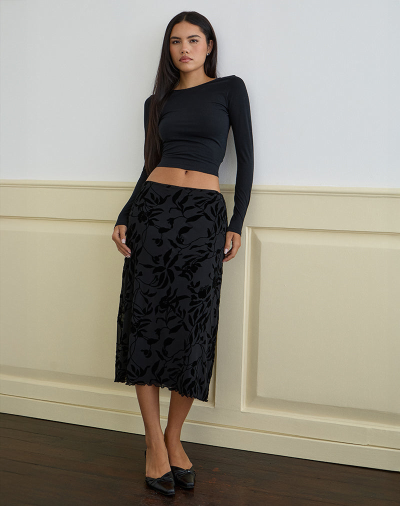 Atira Falda Midi en Flock Leaf Flower Negra