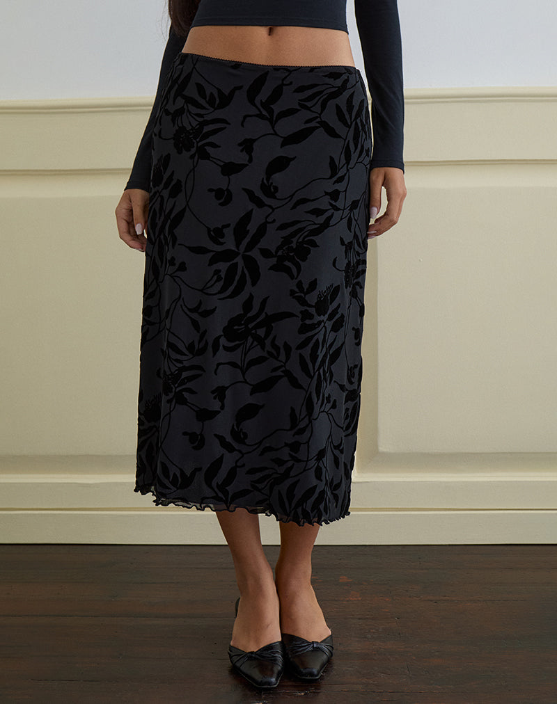 Atira Falda Midi en Flock Leaf Flower Negra