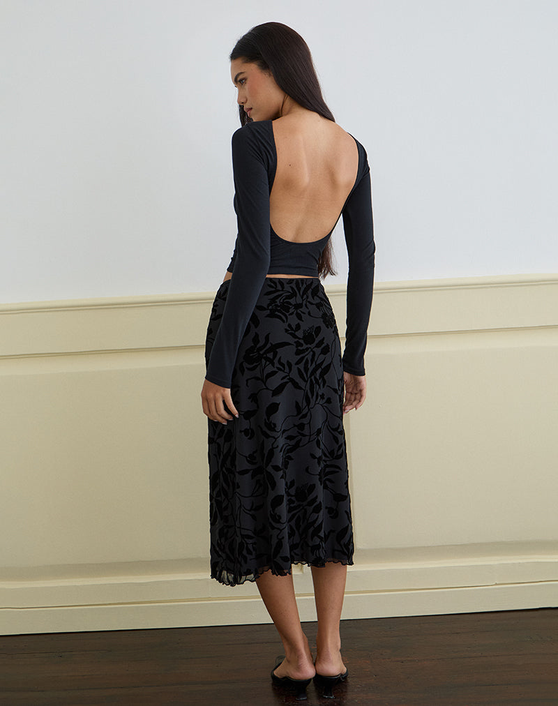 Imagen de Atira Falda Midi en Flock Flor de Hoja Negra