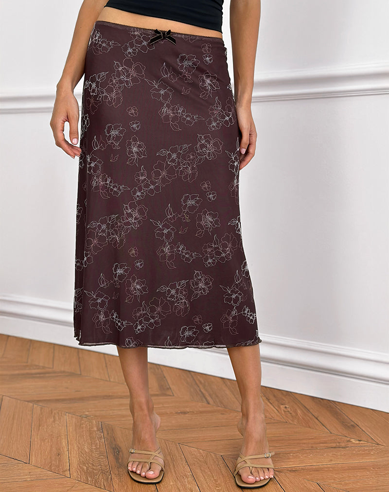 Falda Atira Midi en Doodle Flower Flock Marrón