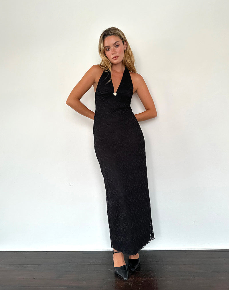 Maxi Vestido Atma Cuello Haltern en Encaje Canina Negro
