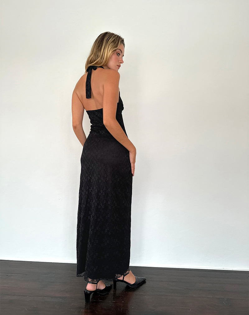 Maxi Vestido Atma Cuello Haltern en Encaje Canina Negro