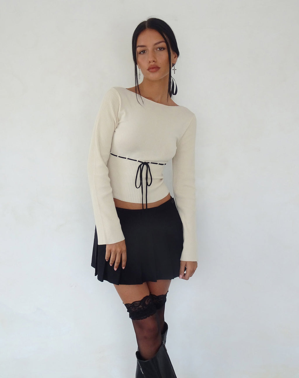 Awdella Top de Punto de Manga Larga en Beige