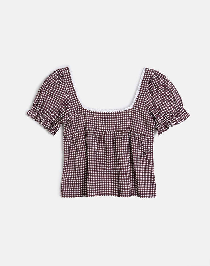 Blusa Axoni Cuello Cuadrado en Mini Gingham Vino
