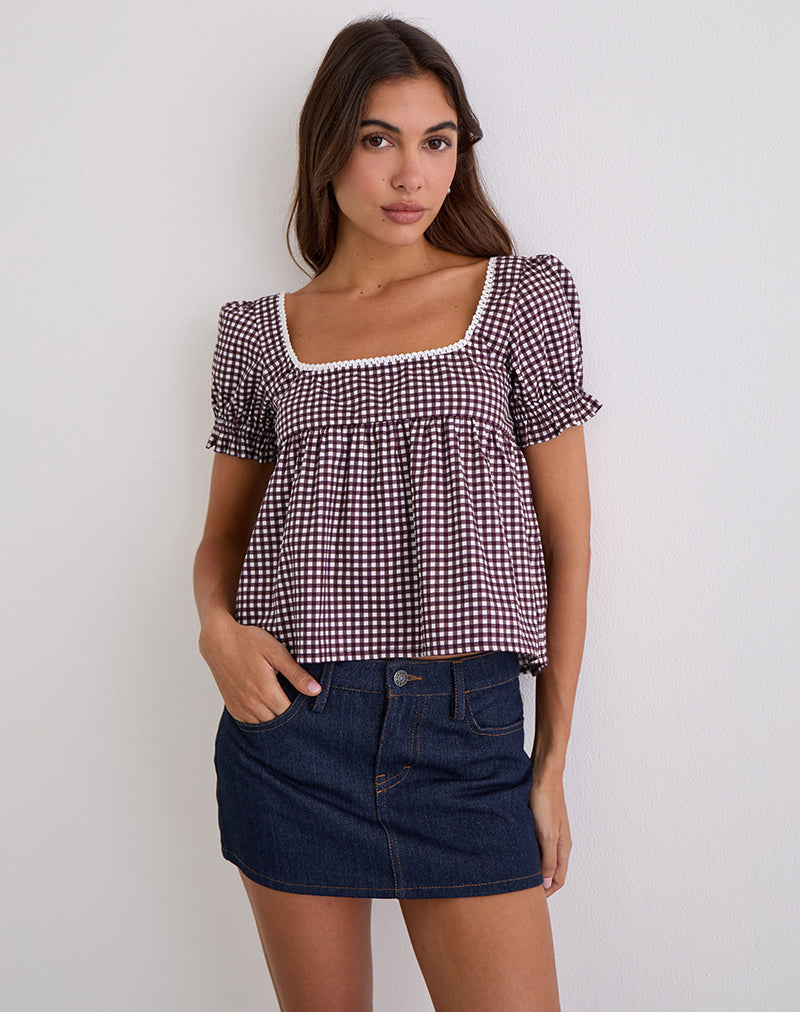 Blusa Axoni Cuello Cuadrado en Mini Gingham Vino