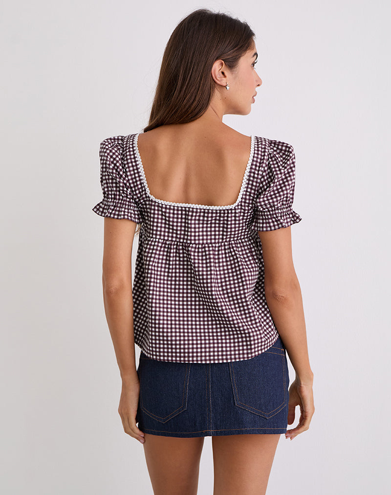 Imagen de Axoni Blusa Cuello Cuadrado en Mini Gingham Vino