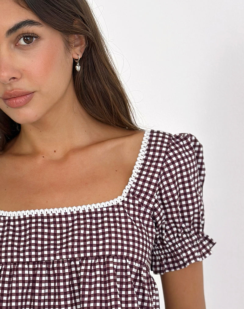 Imagen de Axoni Blusa Cuello Cuadrado en Mini Gingham Vino