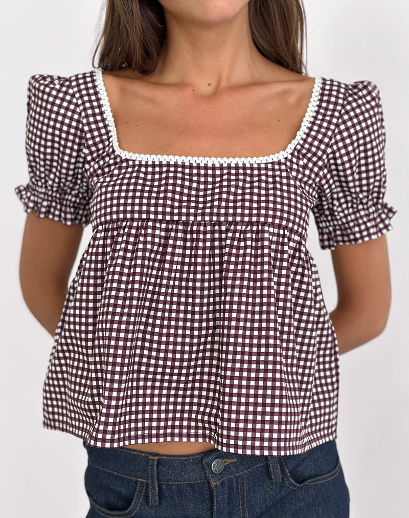 Imagen de Axoni Blusa Cuello Cuadrado en Mini Gingham Vino