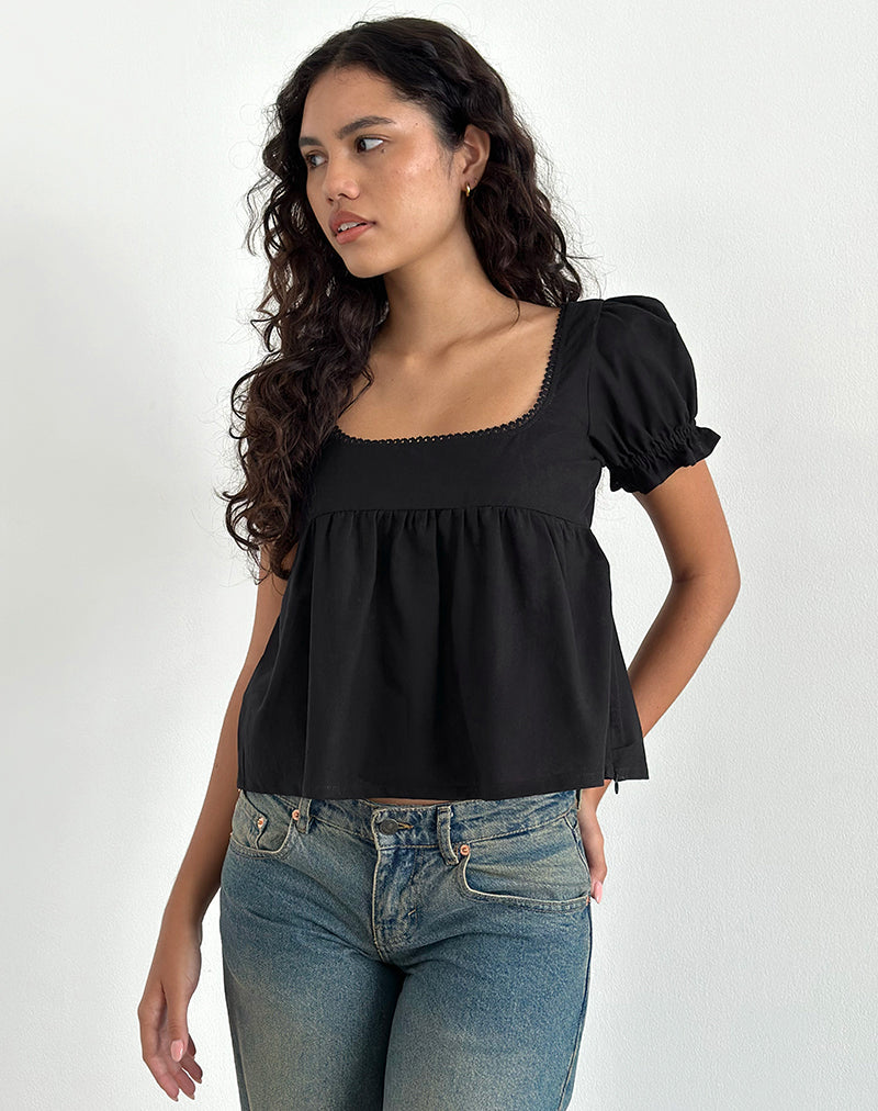 Imagen de Axoni Blusa Cuello Cuadrado en Lino Negro