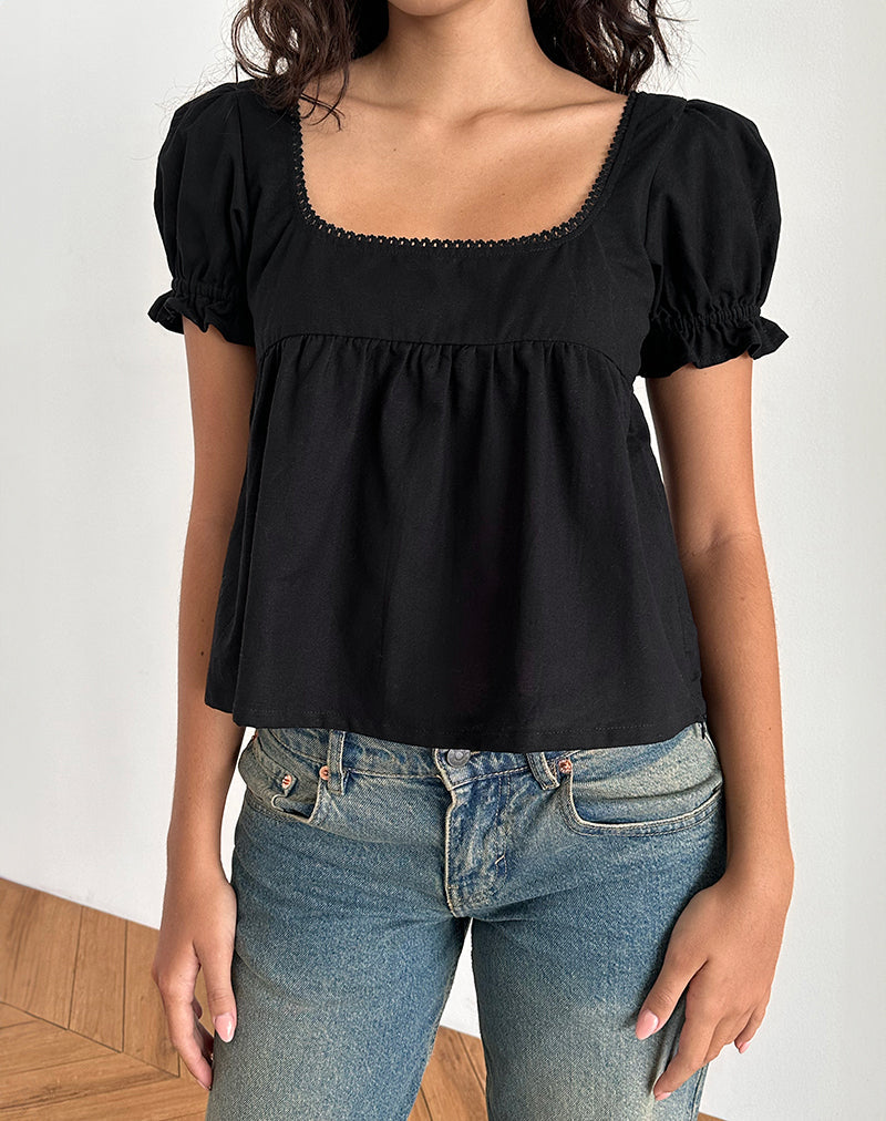 Imagen de Axoni Blusa Cuello Cuadrado en Lino Negro