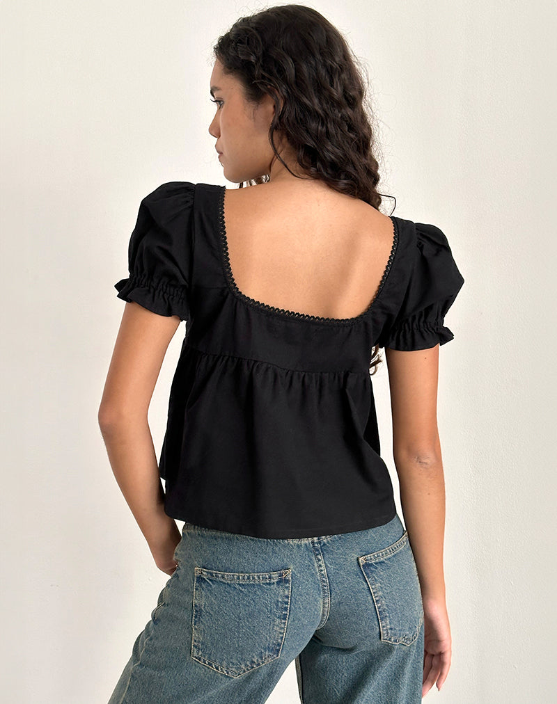 Imagen de Axoni Blusa Cuello Cuadrado en Lino Negro