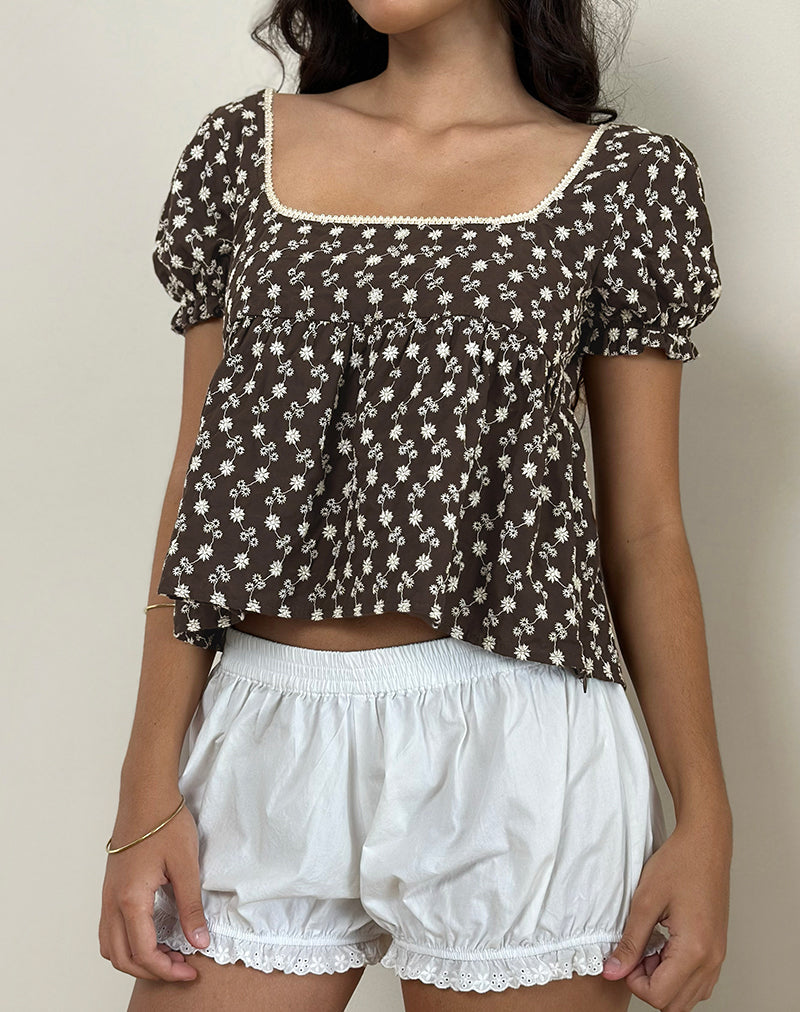 Imagen de Axoni Blusa Cuello Cuadrado Floral Broderie Marrón