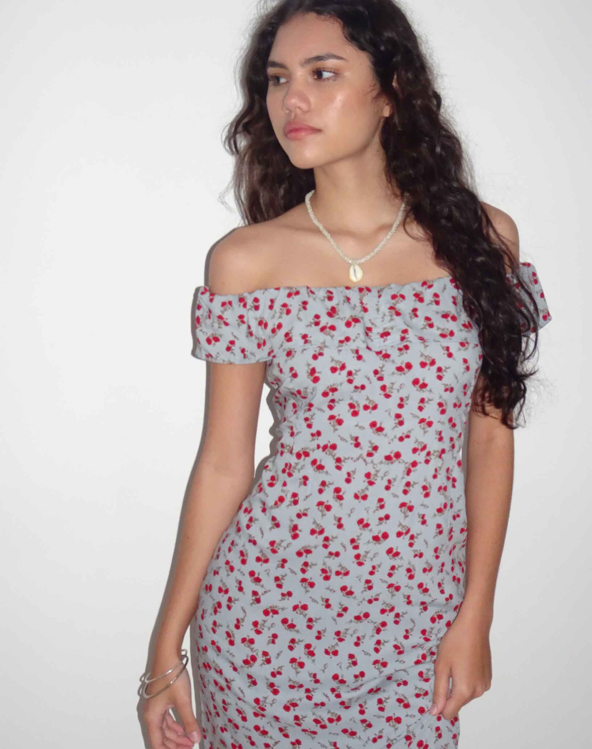 Imagen de Ayudia Vestido Bardot Midi en Azul Floral Ditsy