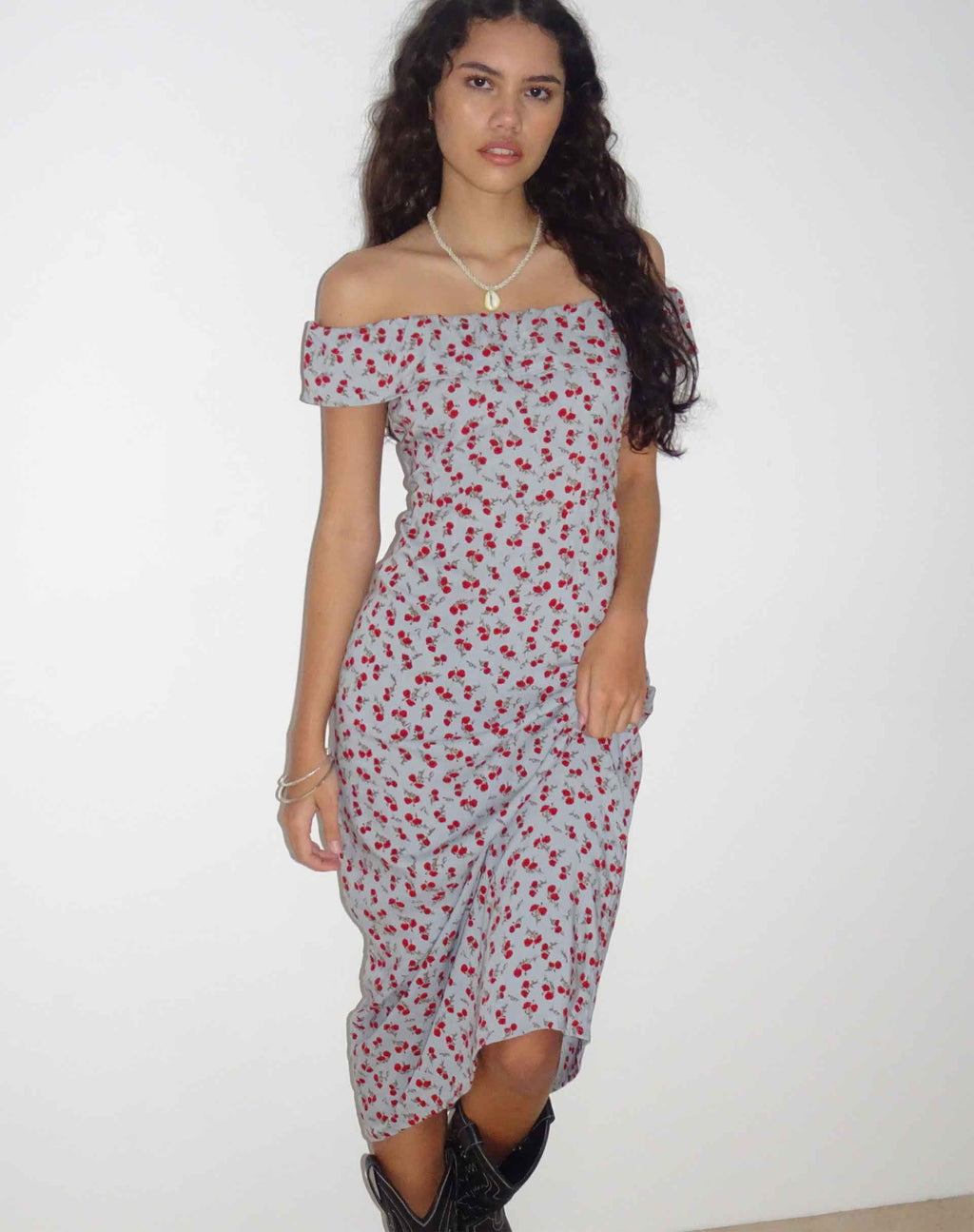 Vestido Bardot Midi Ayudia en Azul Floral Ditsy