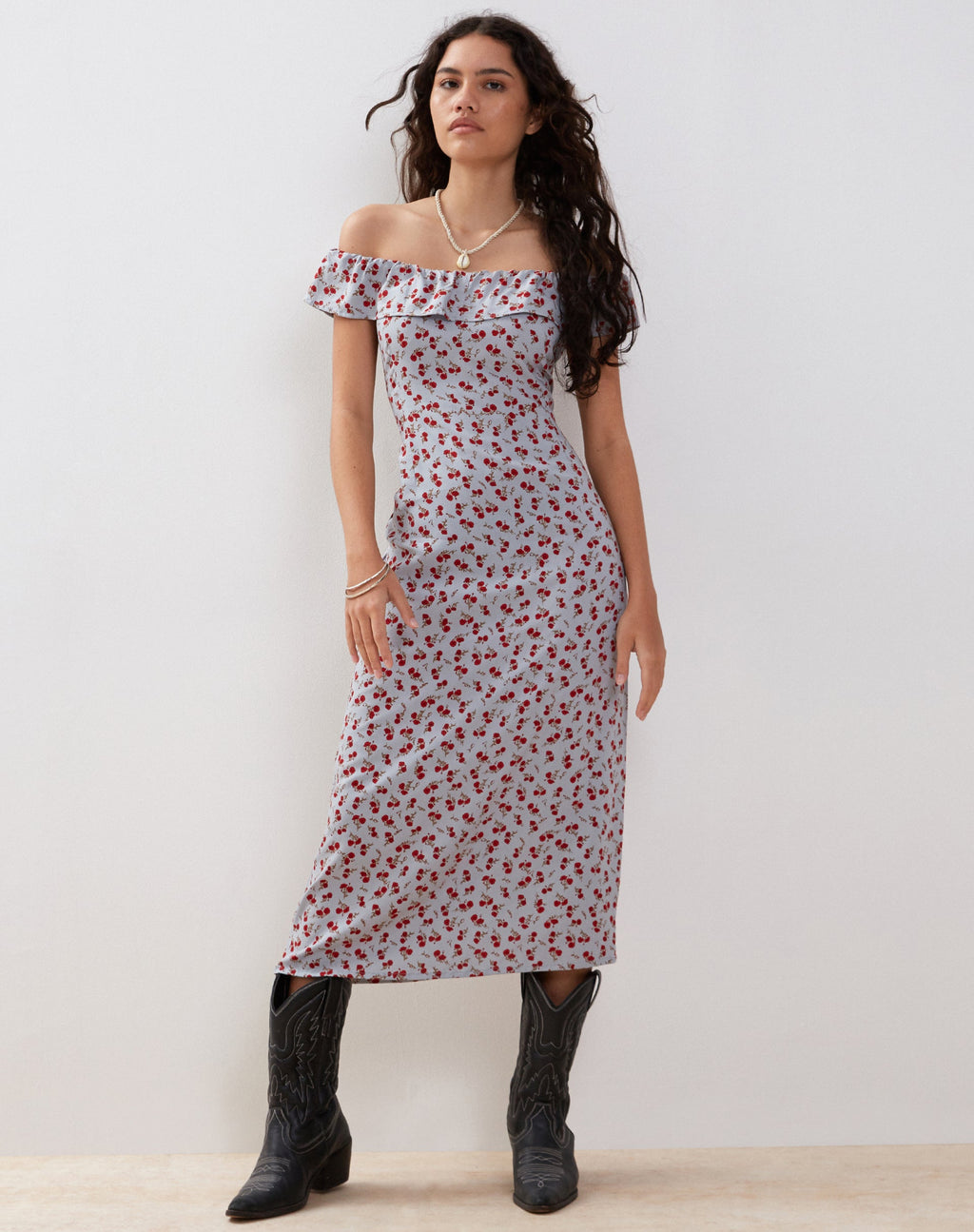 Vestido Bardot Midi Ayudia en Azul Floral Ditsy
