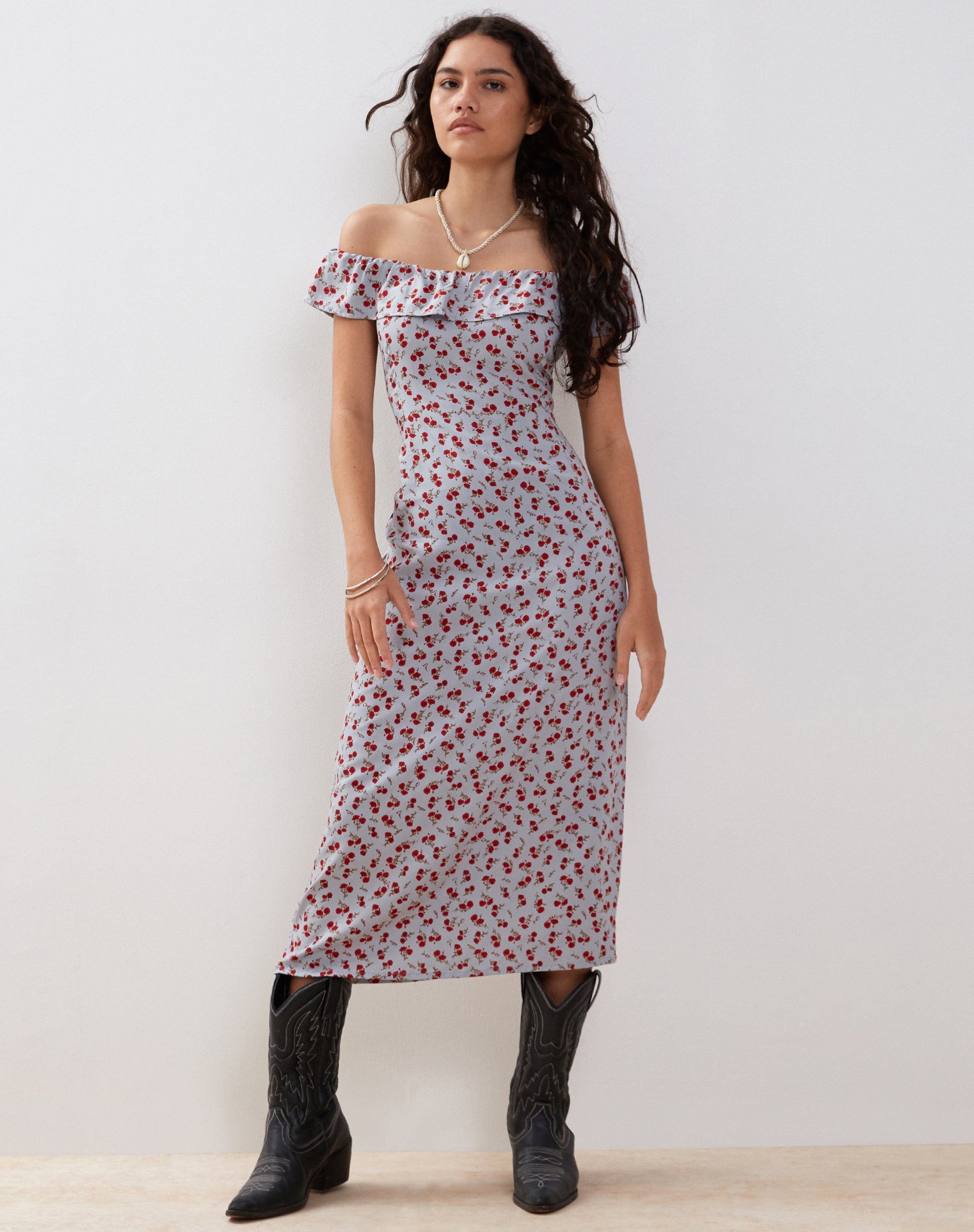 Imagen de Ayudia Vestido Bardot Midi en Azul Floral Ditsy