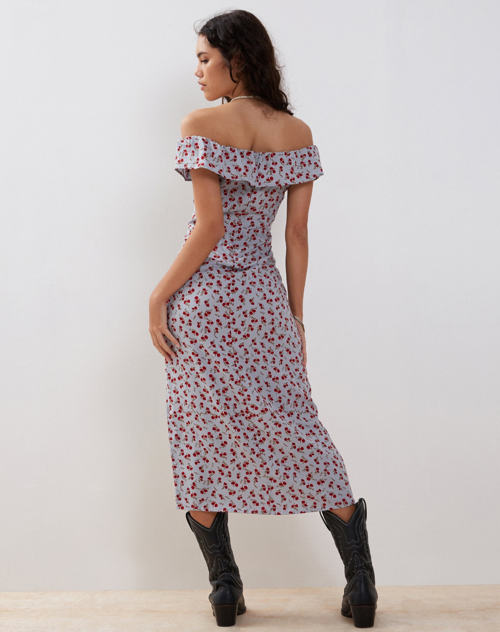 Imagen de Ayudia Vestido Bardot Midi en Azul Floral Ditsy