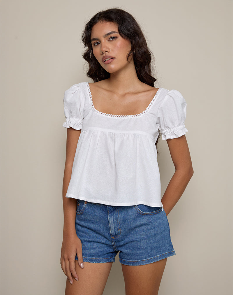 Blusa Axoni Cuello Cuadrado en Lino Blanco