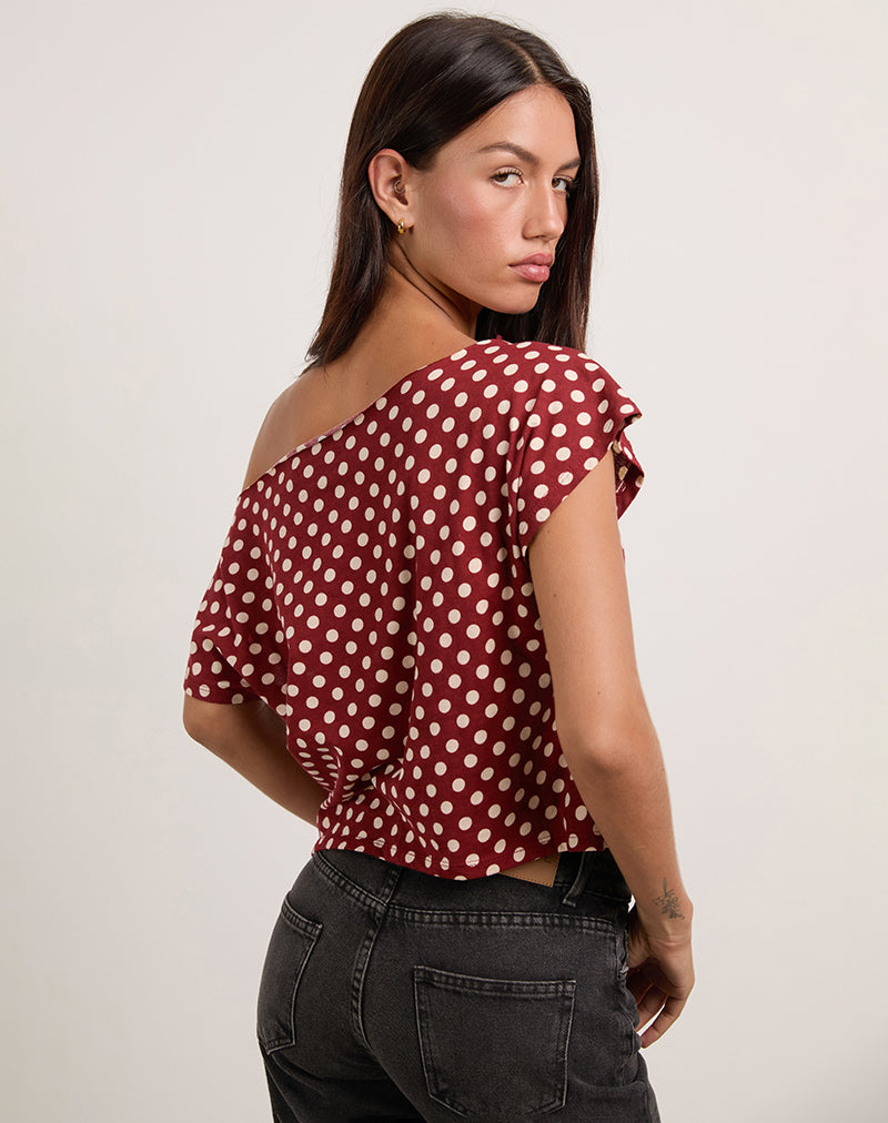 Top asimétrico de manga corta Balia en Polka Wine