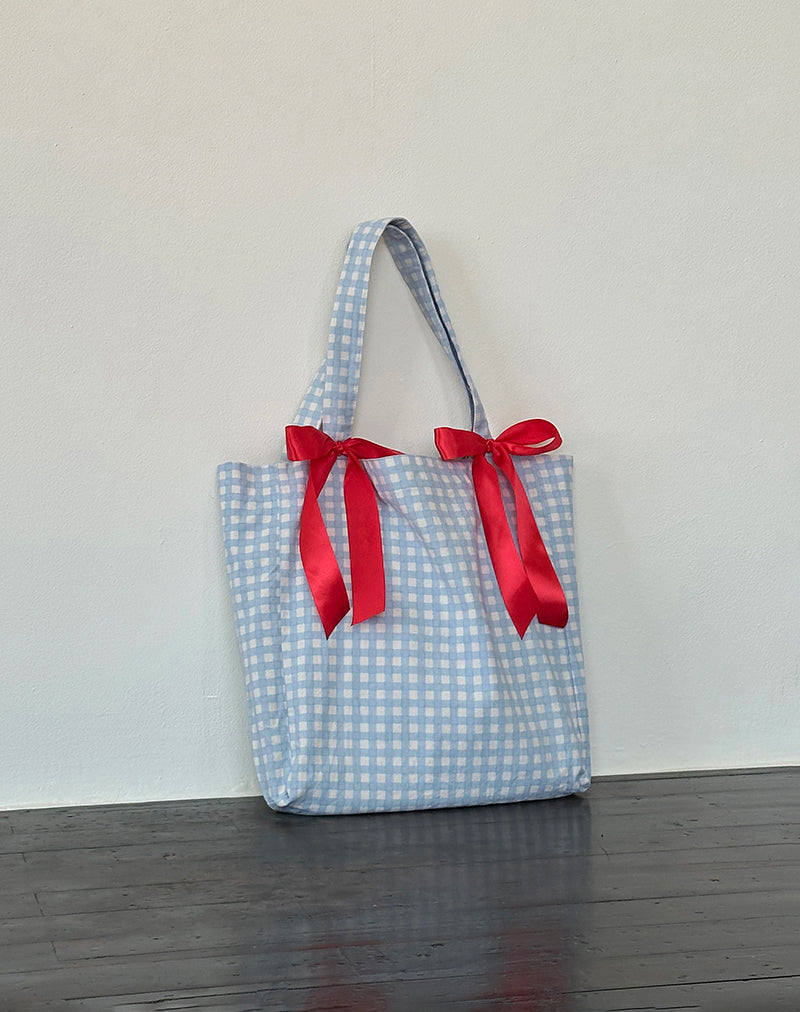 Bolso Barbara de guinga azul con lazo rojo