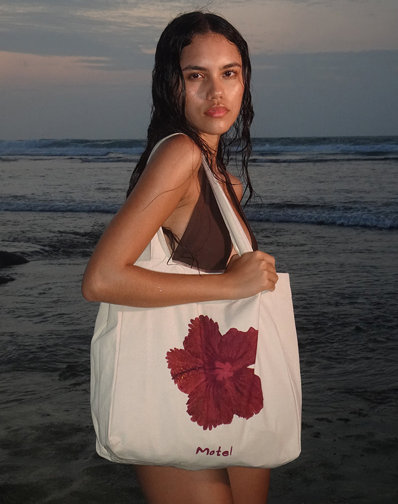 Bolso de mano Barbara en marfil con estampado de hibiscos