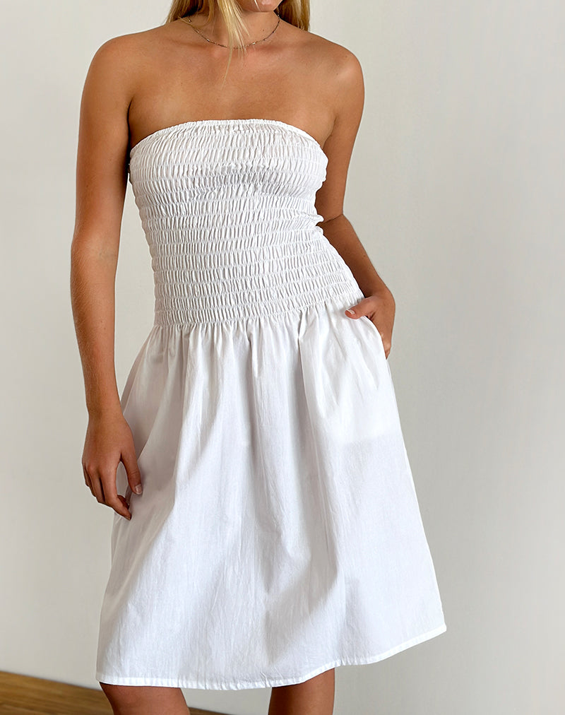 Vestido Belesi Bandeau Midi en Popelín Blanco