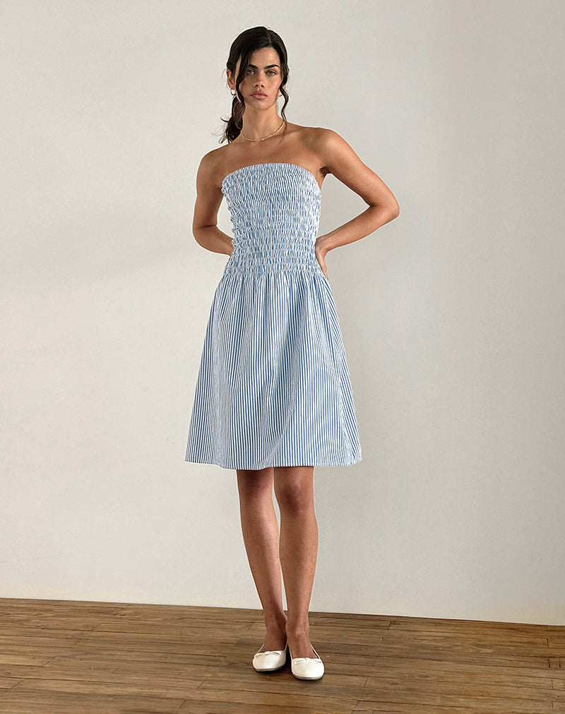 Vestido Belesi Midi Azul Rayas Verticales Pequeñas