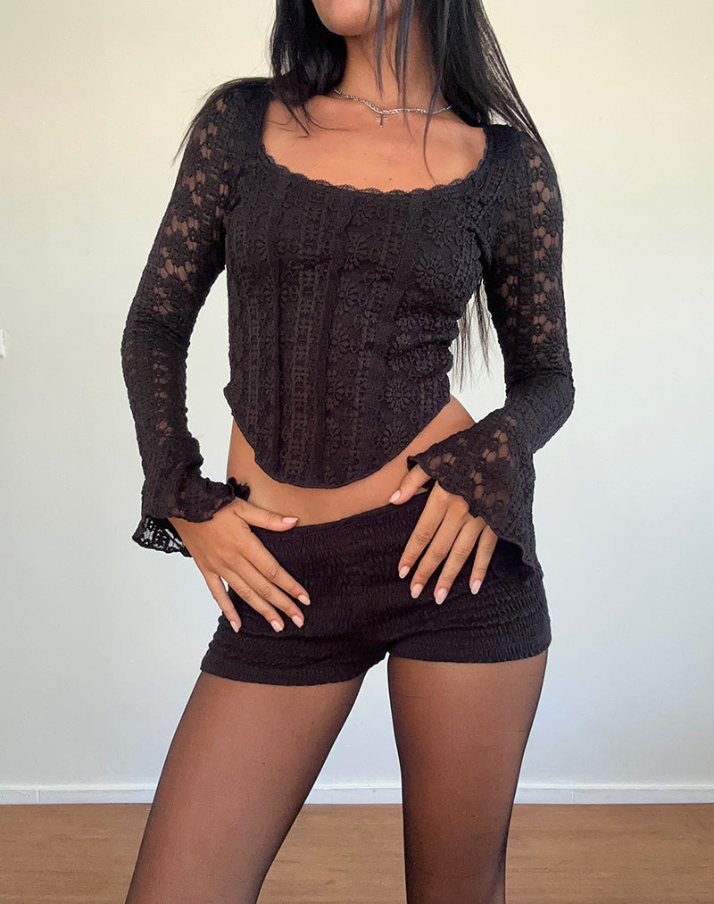 Top de manga larga Belle de encaje negro