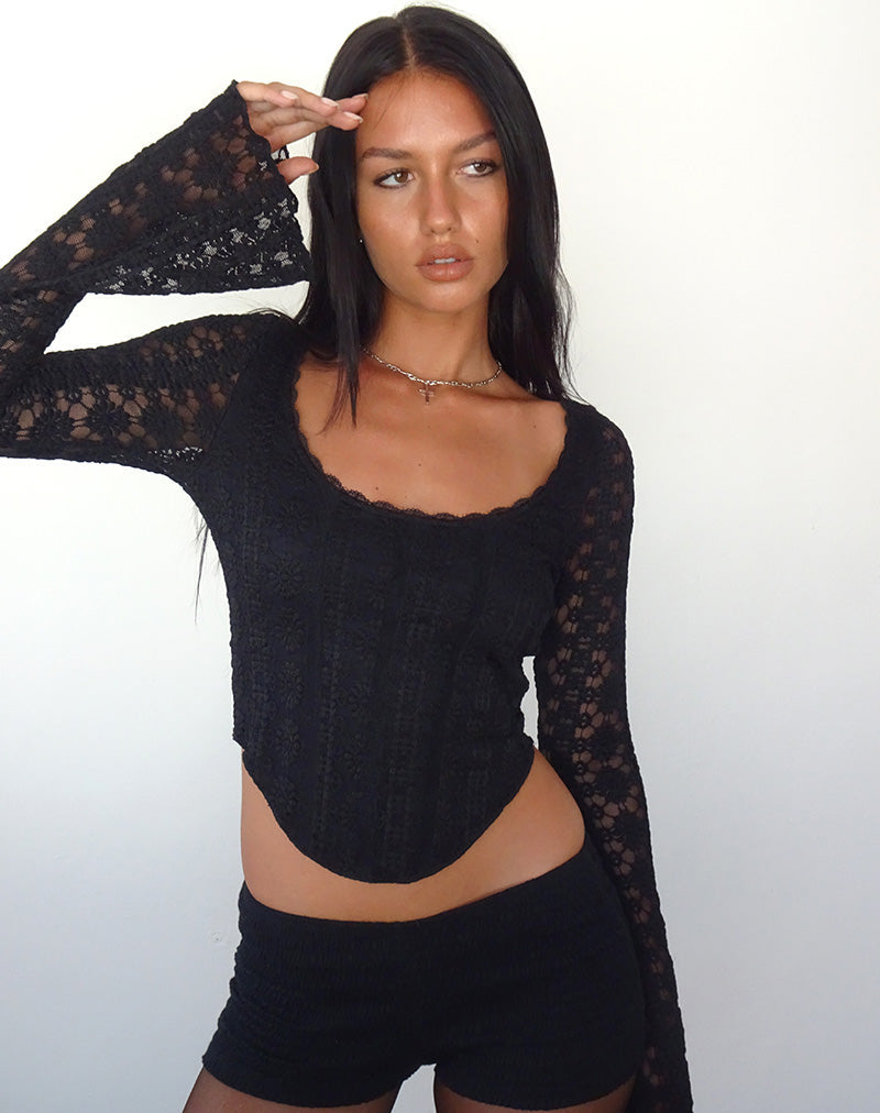Top de manga larga Belle de encaje negro