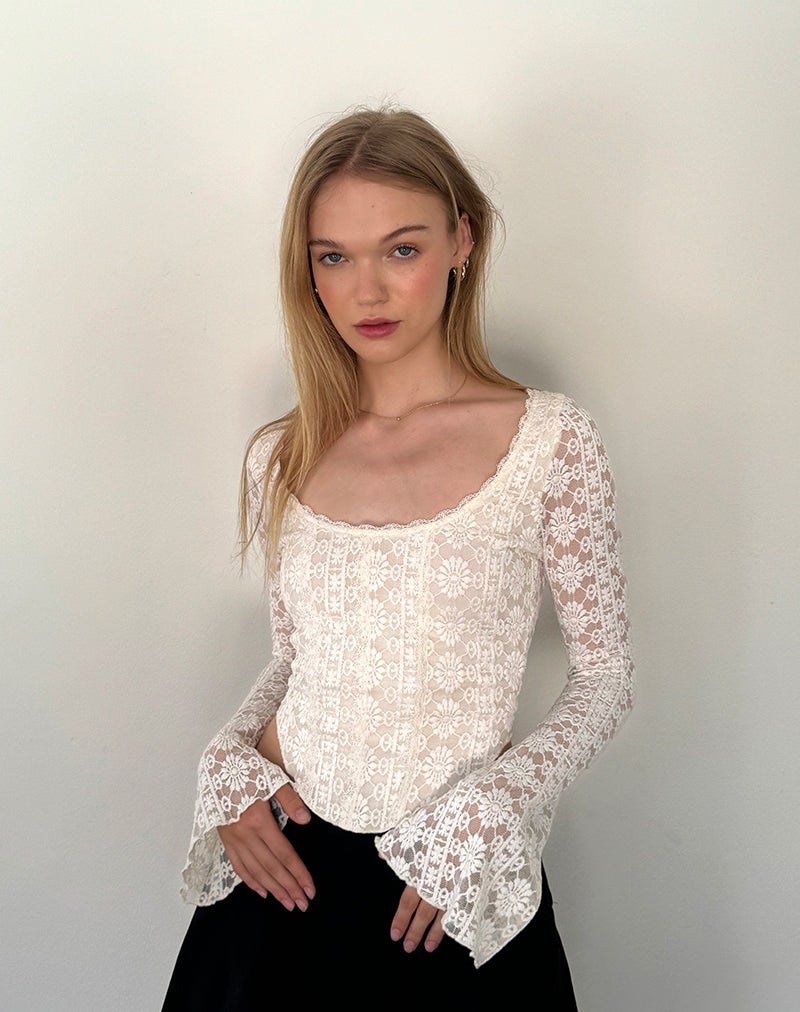 Top de manga larga Belle en encaje Regal Ivory