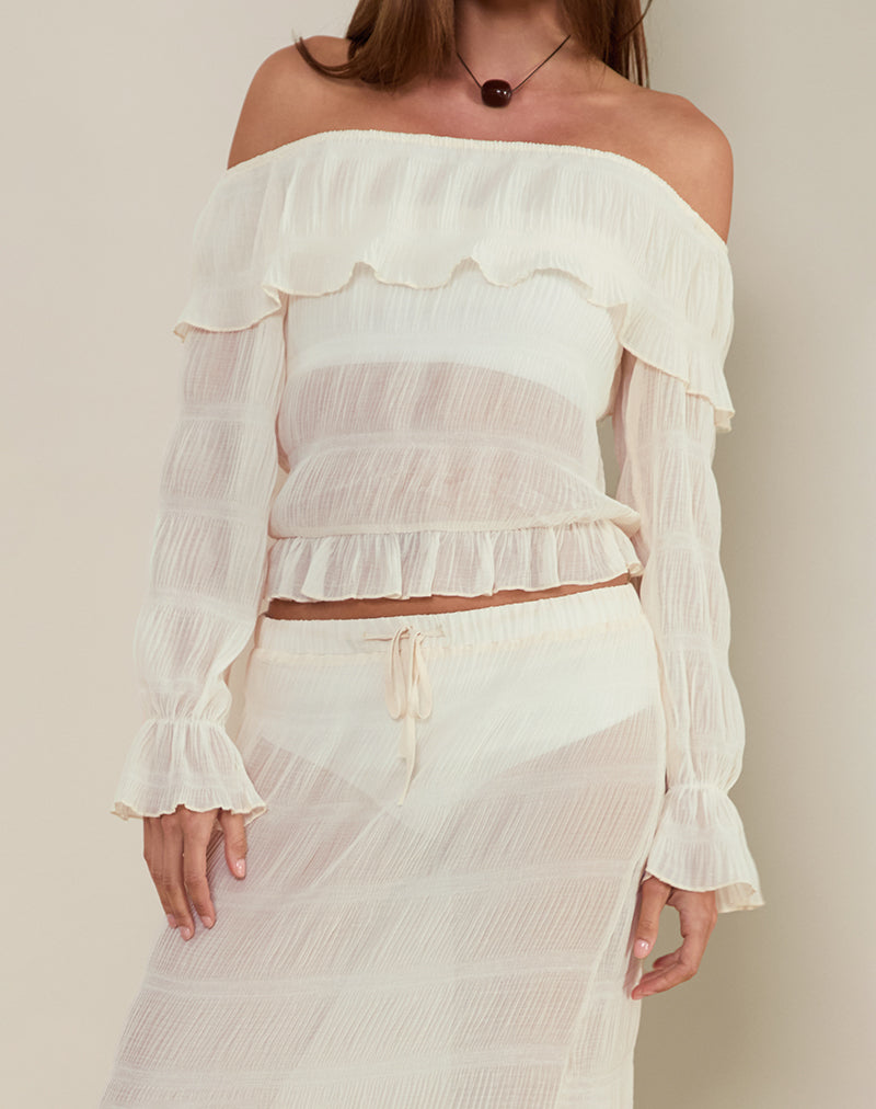 Kalena Top Bardot Manga Larga en Chiffon Plisse Marfil