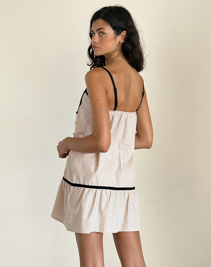 Mini Vestido de Té Berin en Lino Crudo con Ribetes Negros