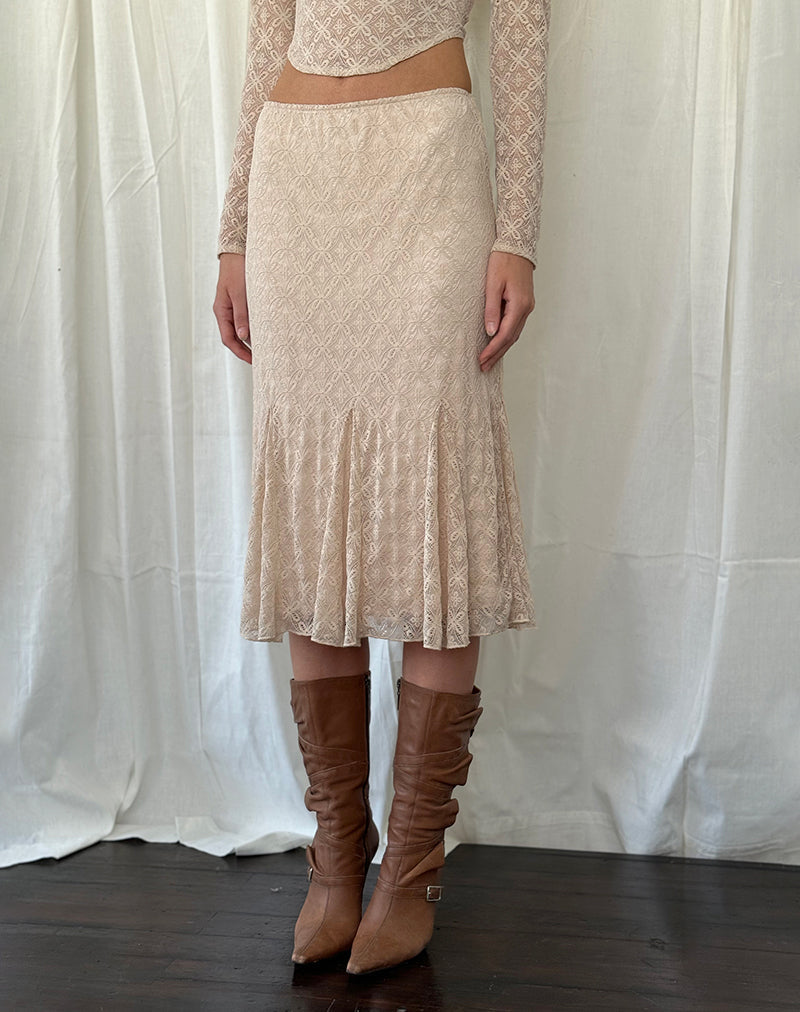 Betharia Falda Midi con Volantes de Encaje Nude