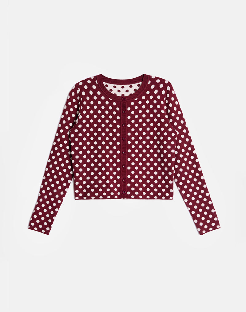 Imagen de Bhavina Cardigan en Borgoña con Estampado de Polka Crema