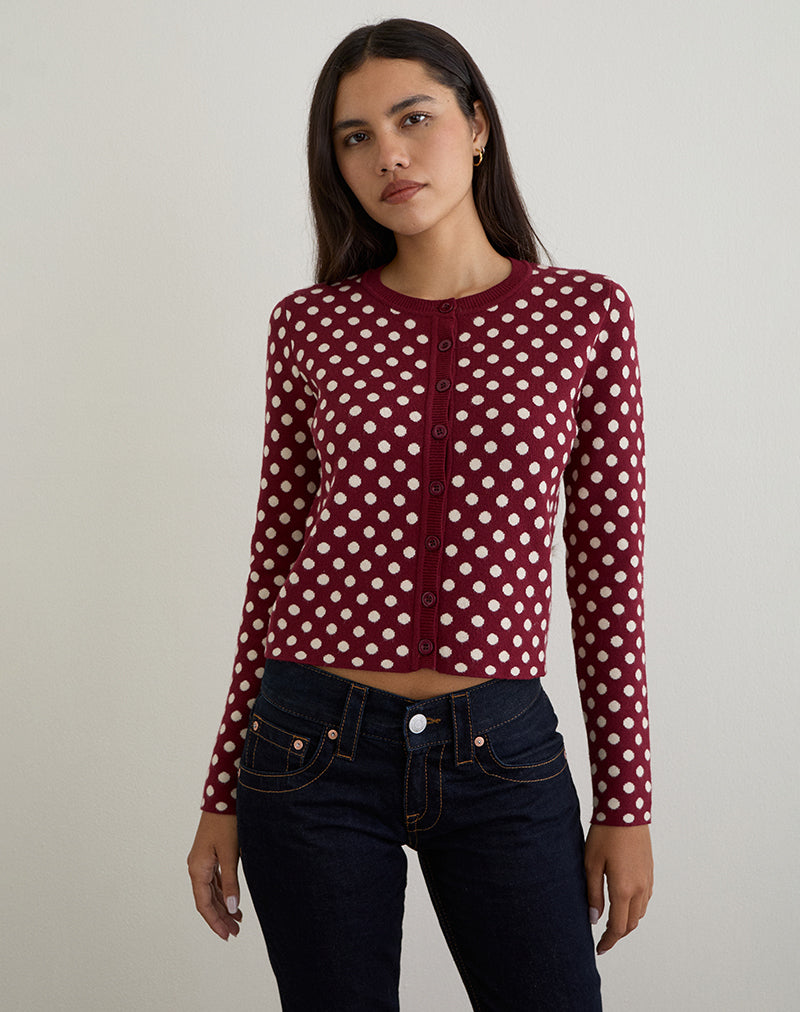 Cárdigan Bhavina en burdeos con estampado de lunares en crema
