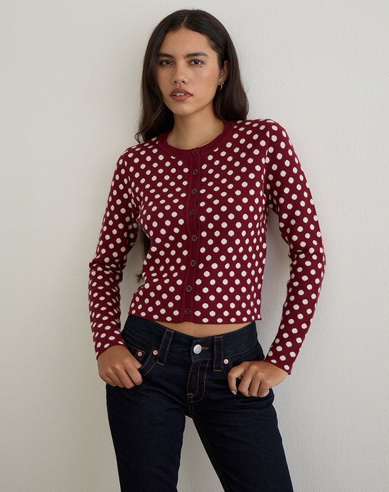 Imagen de Bhavina Cardigan en Borgoña con Estampado de Polka Crema