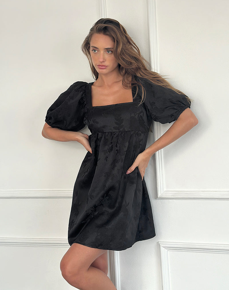 Bimbi Babydoll Mini Vestido en Satén Jacquard Negro