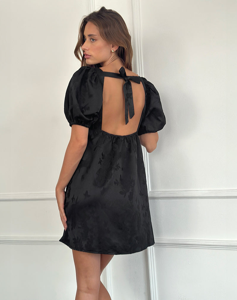 Bimbi Babydoll Mini Vestido en Satén Jacquard Negro