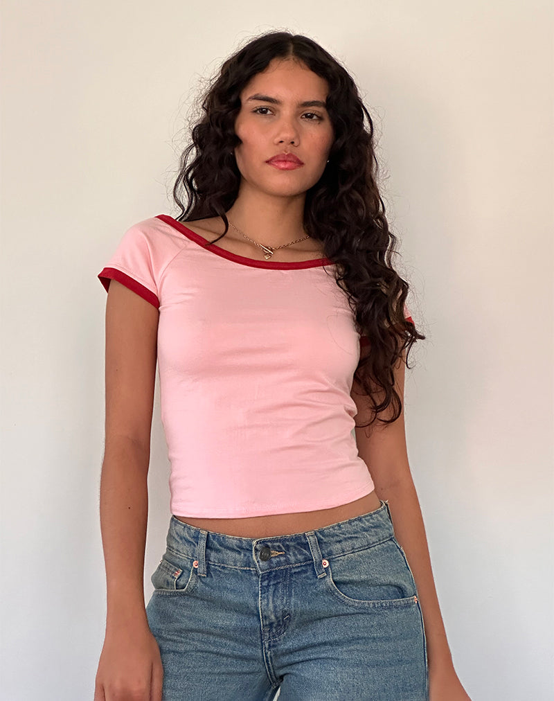 Top Bitha en rosa ballet con ribete rojo adrenalina